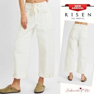 RISEN High Rise Waist Drawstring Cargo Pocket Crop Wide Barrel Leg Jeans | Cream